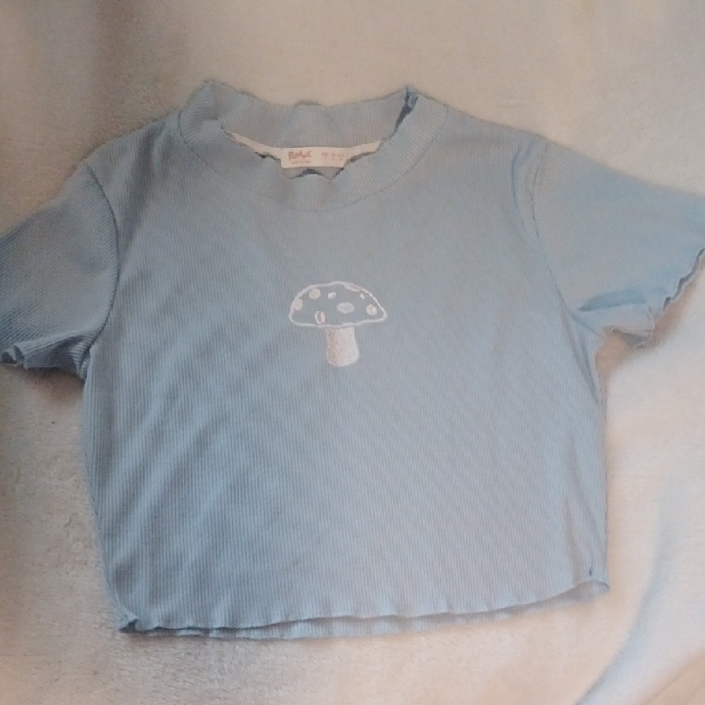 Light Blue Women's Crop Top Tee with Mushroom Design